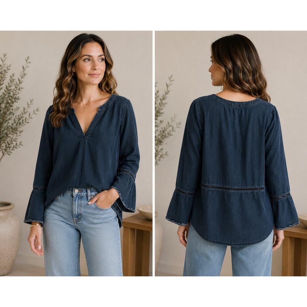 Alya 100% Tencel Chambray Bell Sleeve Boho Blouse Medium